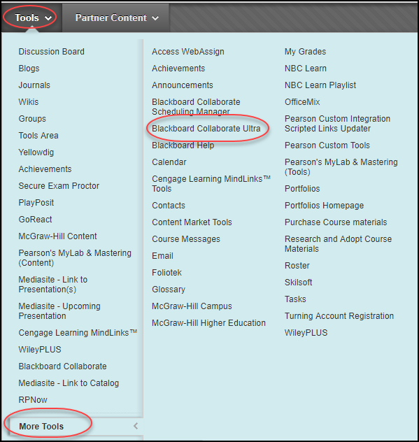 The tools menu options list with the Blackboard Collaborate Ultra and More Tools links circled