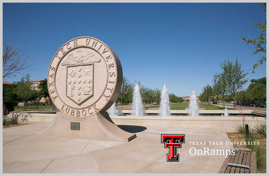 Texas Tech University Seal sculpture at main entrance to campus
