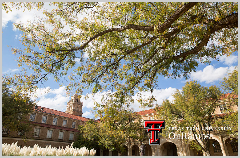 View of the courtyard by the Administration Building on the campus of Texas Tech University