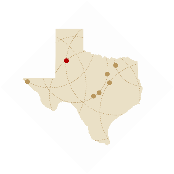 Styled map of Texas showing the locations of the regional sites