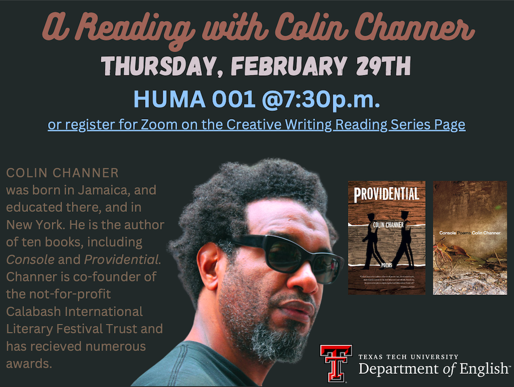A poster announcing Colin Channer's reading at the Creative Writing Reading Series