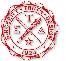 Sigma Tau Delta Crest. The image depicts a lit torch crossing a paint brush. Within the quadrants are the Greek letters Sigma, Tau, and Delta, with a star being in the bottom quadrant. Encircling the central cross are "Sincerity, Truth, and Design" with the organization's date of origin (1924) at the bottom of the outer circle.