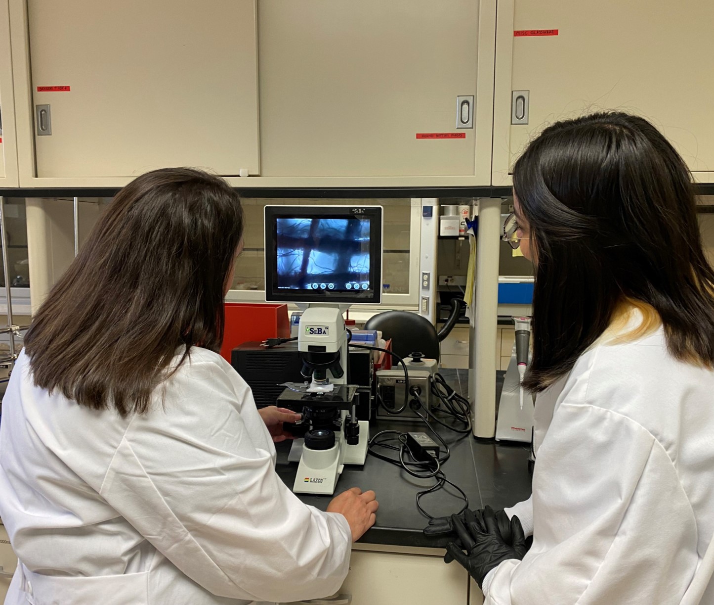 Forensic grad students in lab