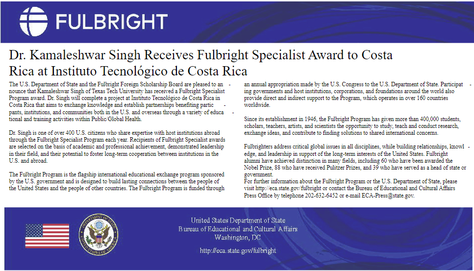 Texas Tech University Department of Environmental Toxicology, Fulbright Specialist Award- Singh
