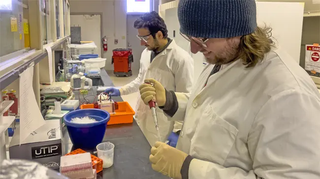 Students wearing lab coats conducting tests in a environmental toxicology lab.