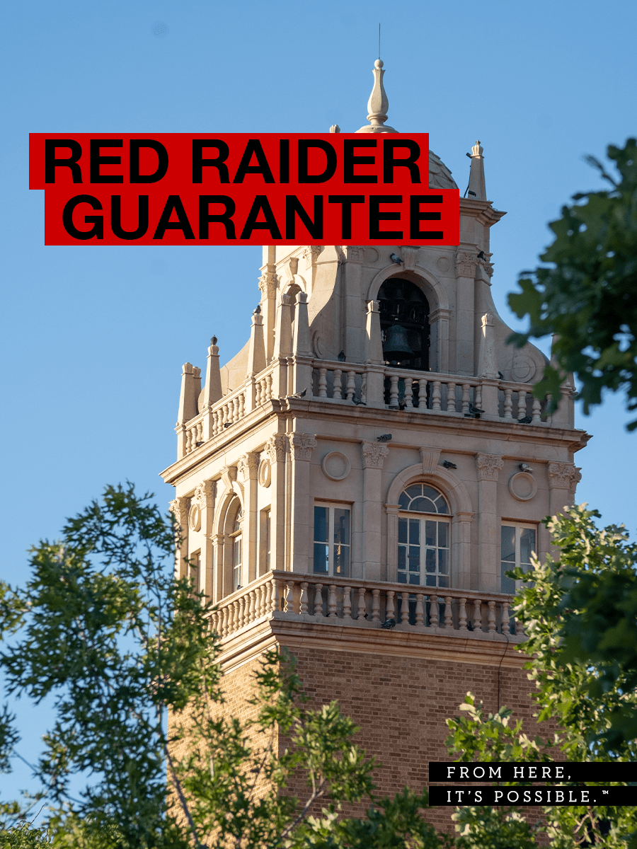 Bell Tower with text overlay Red Raider Guarantee