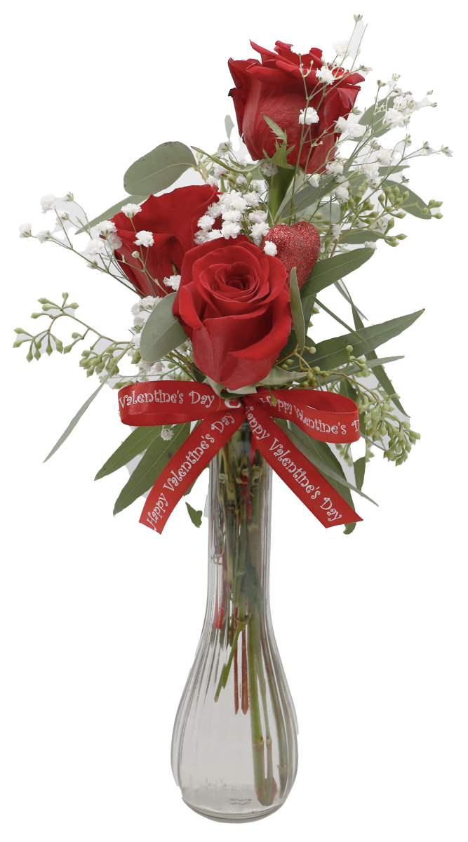 Valentine’s Day Floral Arrangement with three red roses, valentines ribbon and a sparkling red heart