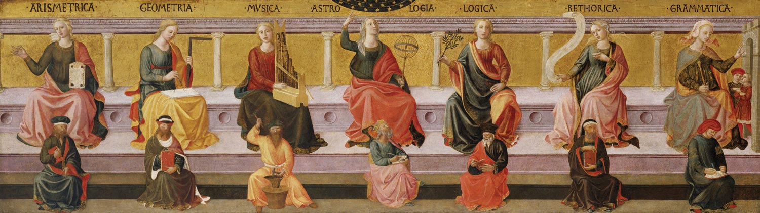 Pesellino and Workshop, "Seven Liberal Arts", tempera on panel (16.5” x 58”), Italian c. 1450, now in the Birmingham Museum of Art Kress Collection, K540.