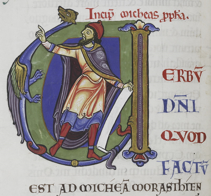 Initial for the Book of Micah, from the Bury Bible, CCCC MS 2, fol. 328v.