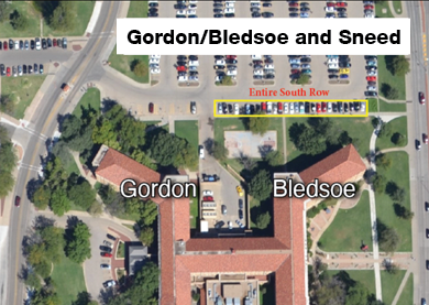 Bird's eye view of the Bledsoe/Gordon/Sneed parking lot