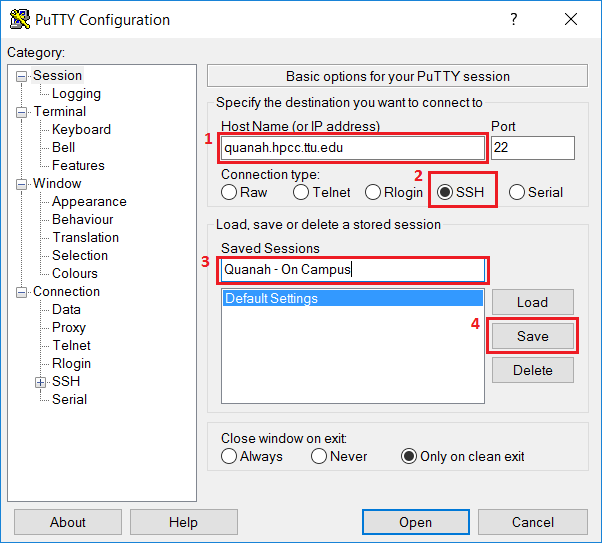Setting up a Quanah profile on PuTTY