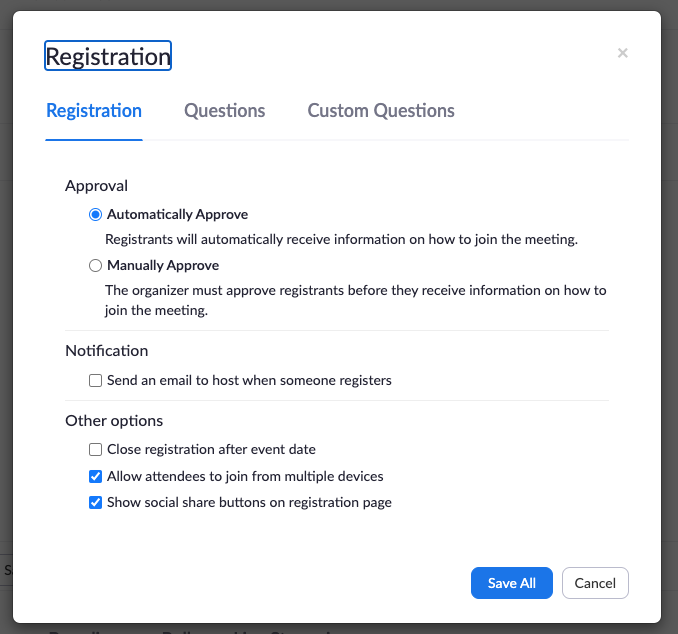 Zoom registration settings