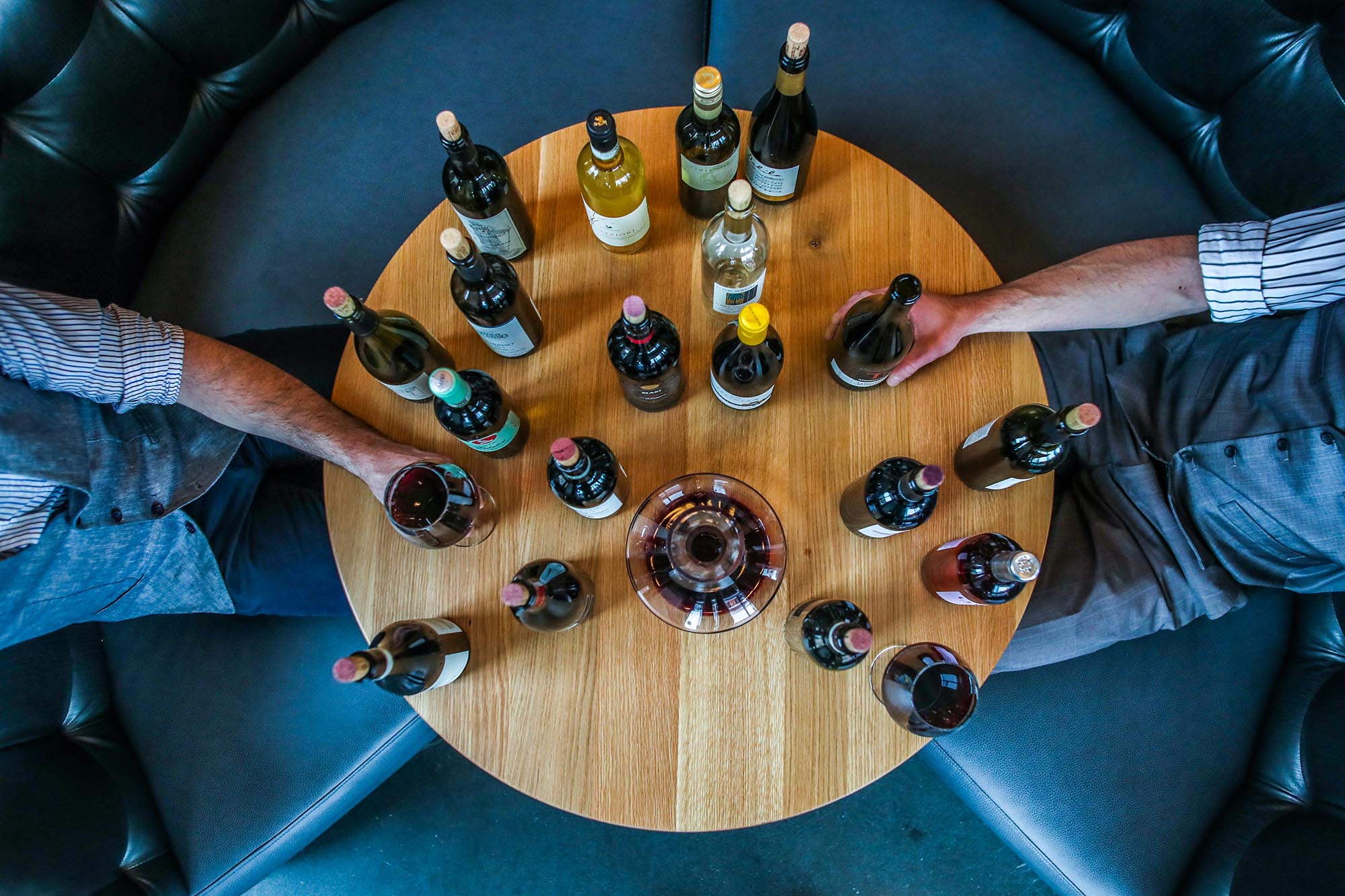 Wine bottles on circular table