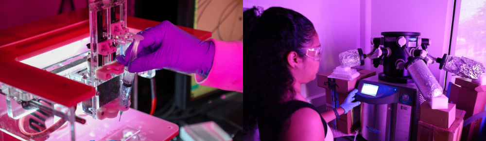 Student standing in front of machine for biomanufacturing, using a syringe to drop liquid into a slide under a microscope