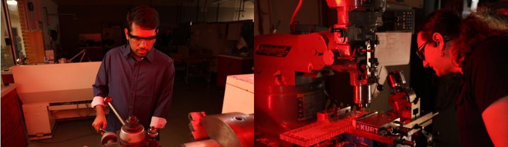 Two individuals standing in front of manufacturing machines with safety eye wear on, running machinery