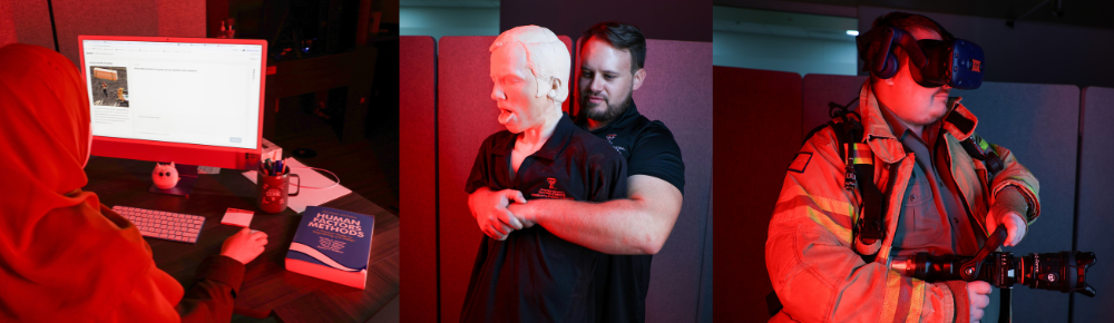 students in the share lab; one student is sitting in front of a computer, one student is giving cpr to a training dummy, and in the final photo a student is wearing firefighter gear holding a firefighter hose.
