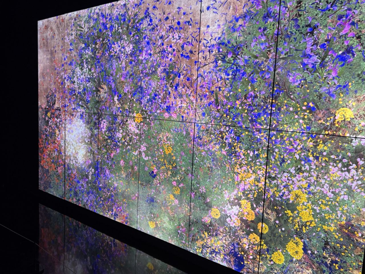 Large multi-panel digital display of a vibrant wildflower meadow with purple, yellow, and white blossoms against a textured background.