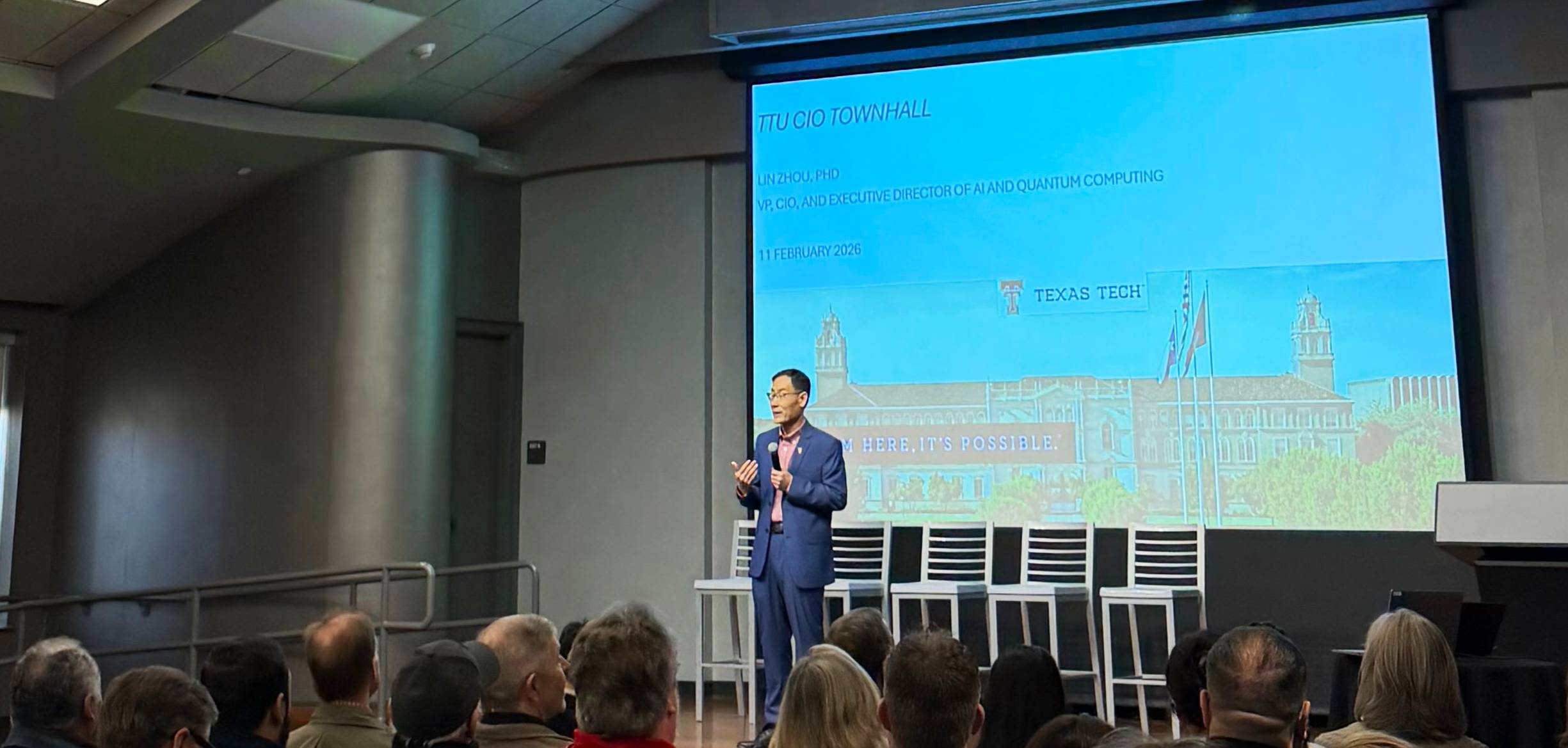 Dr. Lin Zhou, Texas Tech Chief Information Officer, presenting at the 2026 CIO Town Hall in the SUB Matador Room.