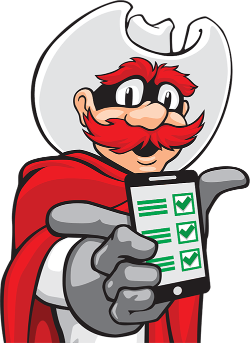 Raider Red holding a smart phone