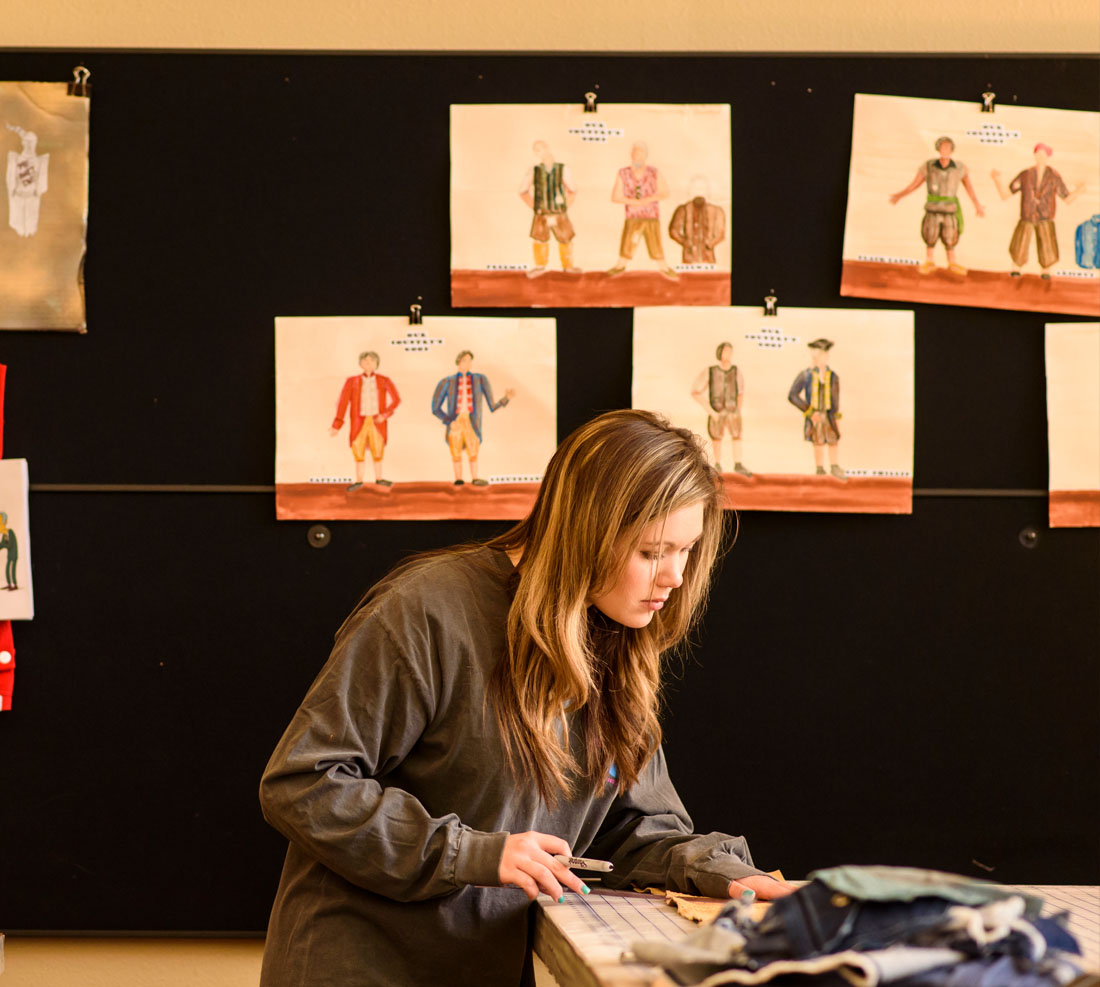 TTU student in a classroom previewing art