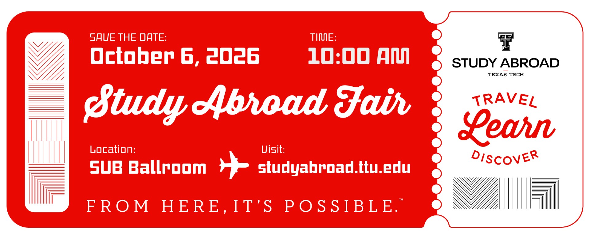 Study Abroad Fair Save the Date 2026 Red ticket showcasing Study Abroad fair to take place at Student Union Ballroom on October 6th at 10am