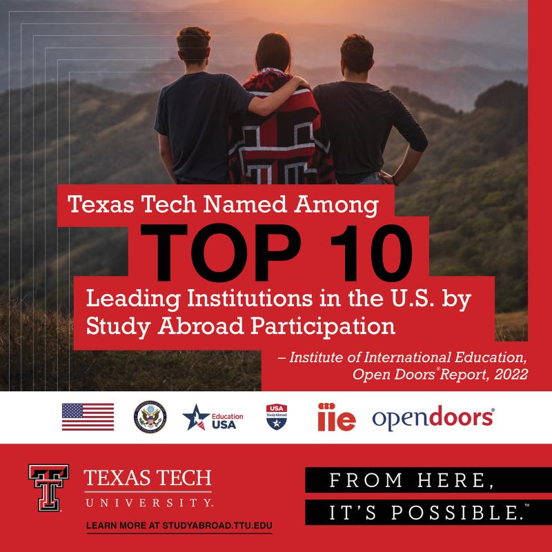 Graphic showing that TTU was named a top 10 university for study abroad participation