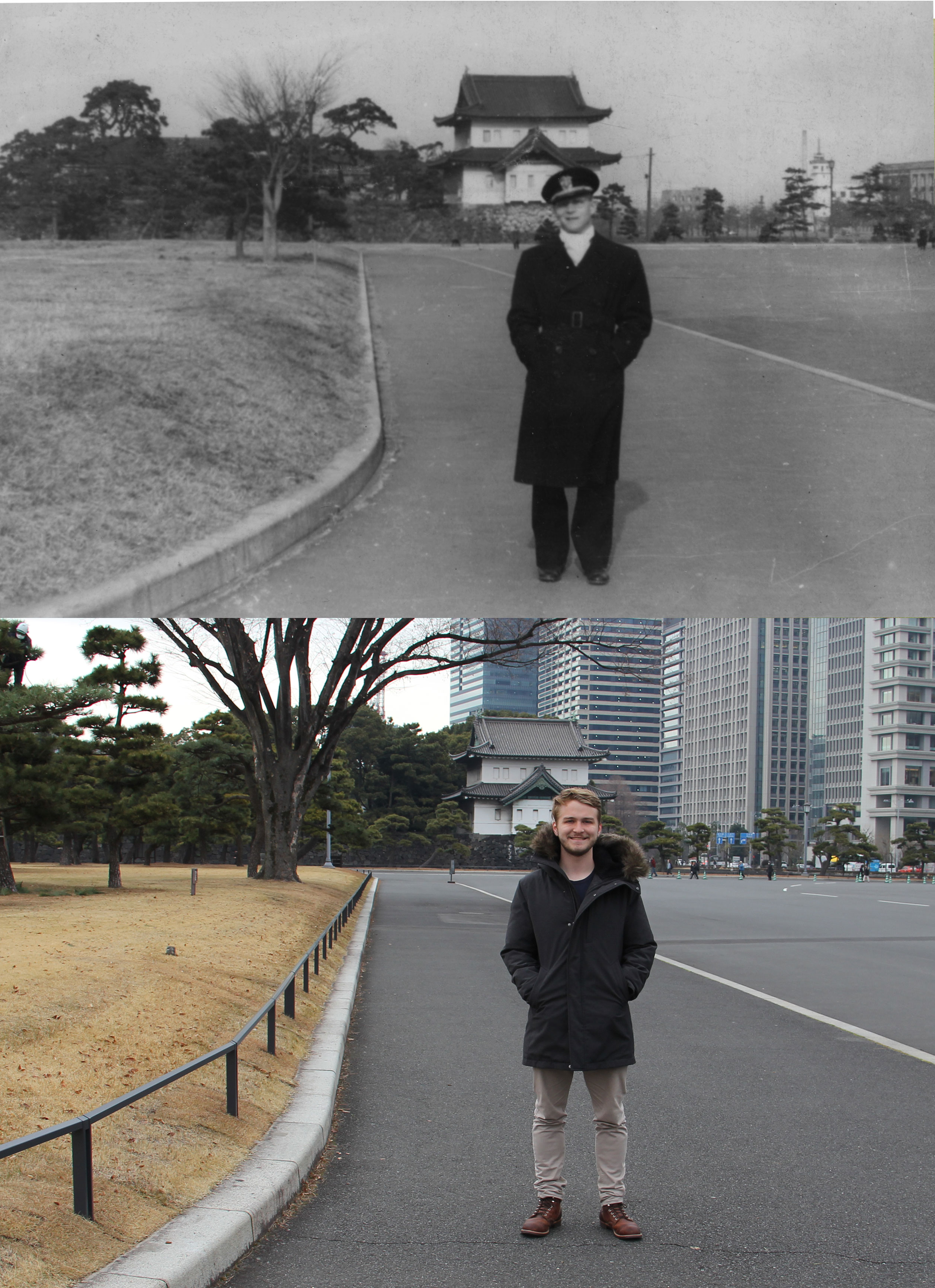 an old photo on top of a modern photo of the same location