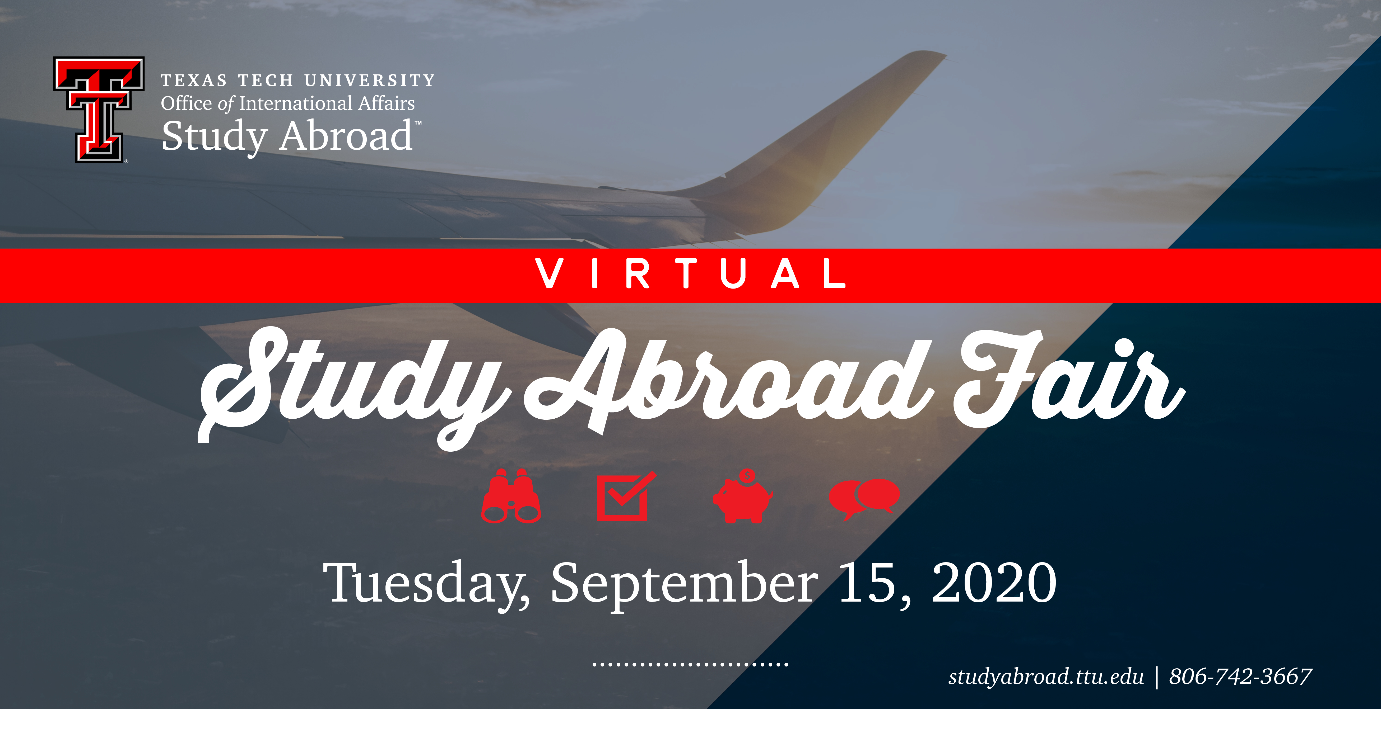 Image of an airplane wing flying through the clouds. Text over image states the virtual Study Abroad Fair will be September 15, 2020.