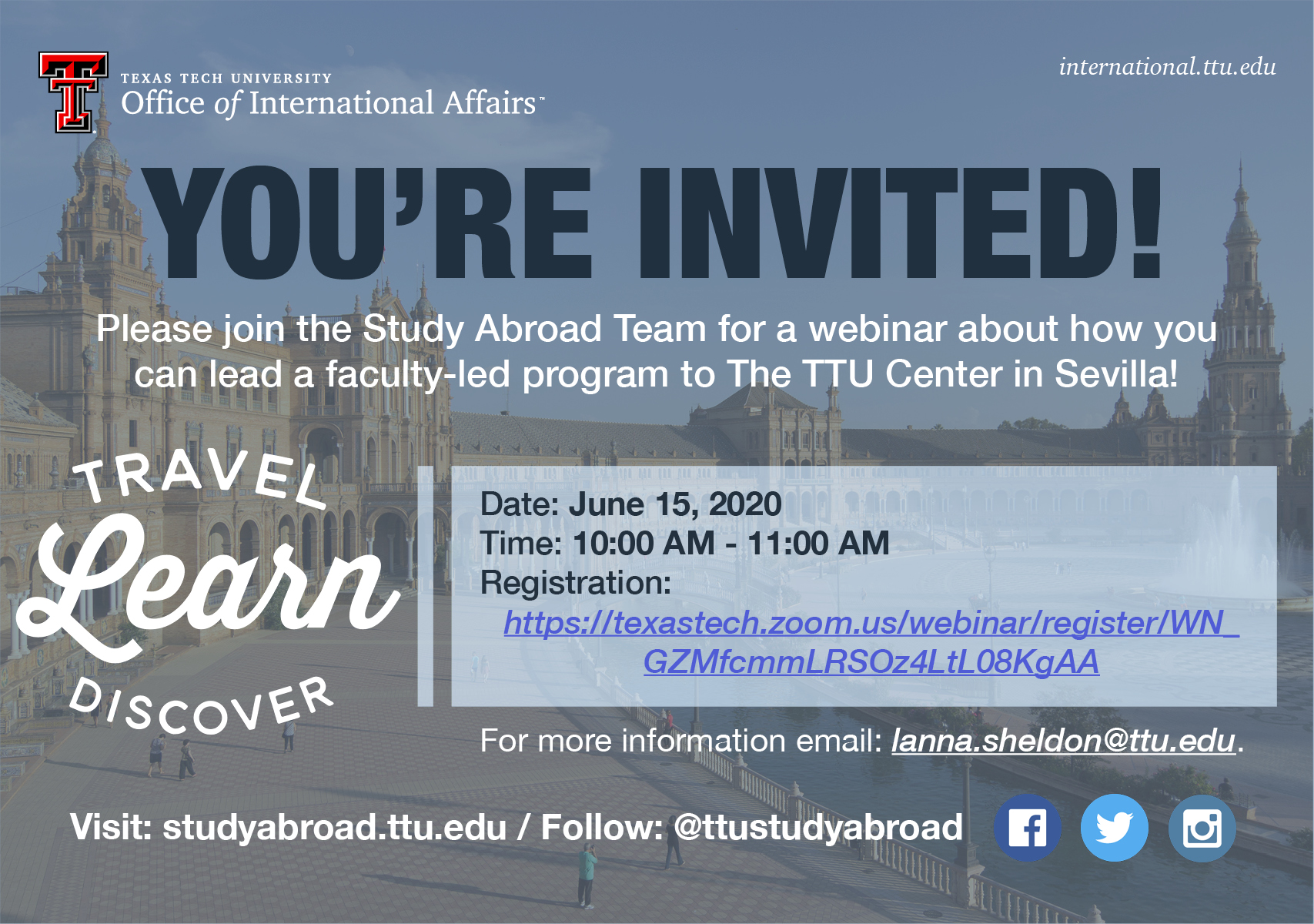 Invitation for webinar focused on how to lead students to the TTU Center in Sevilla, Spain