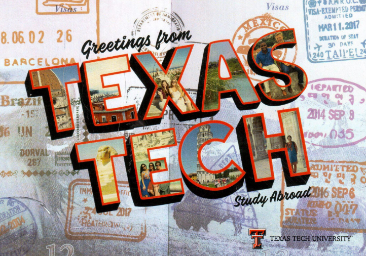 Travel style postcard stating Greetings from Texas Tech