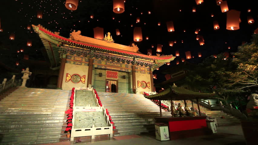 Temple in South Korea at night lite by lanterns