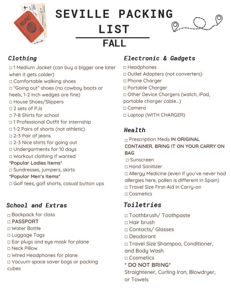 Sevilla Fall Packing List
