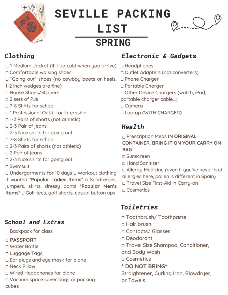 Spring Packing list Sevilla