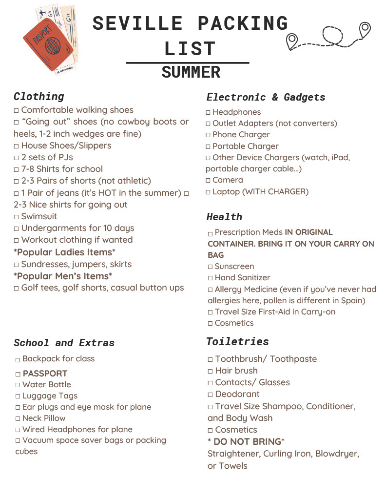 Summer Packing list Sevilla