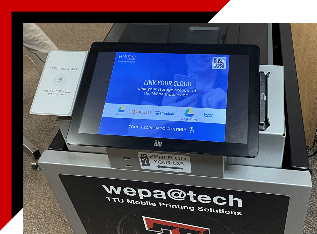 WEPA printing kiosk with a touchscreen display on top. A pad to the left of the screen has instructions to open the WEPA App on your phone and place your phone on the pad to log in. A swipe card reader is to the right of the touchscreen display. Below the display are a pair of USB ports to print from a thumb drive.