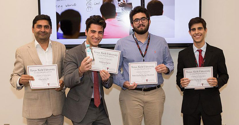 Image of former TTU K-12 students from Brazil participating in the Rawls College of Business Red Raider Startup event.