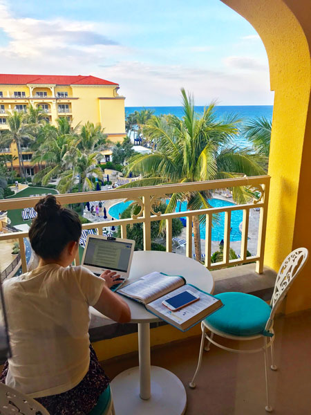 Presley studying while on vacation.