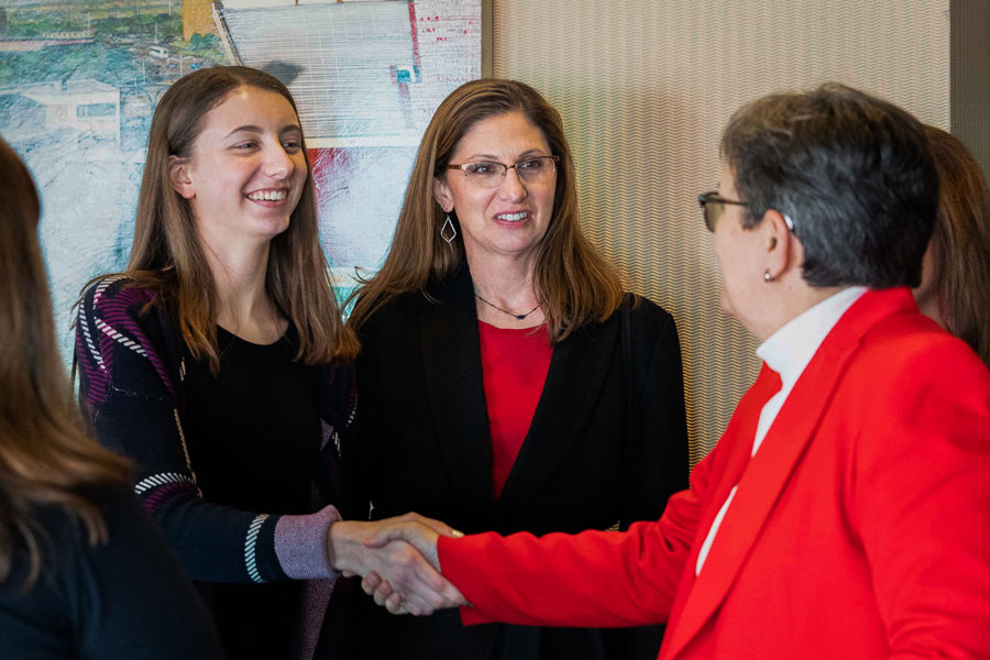 Rachel Koerner and her mother are greeted by Melanie Hart, Ph.D. Rachel Koerner and her mother are greeted by Melanie Hart.