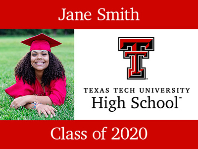 A sign with a photo of Jane Smith and the Texas Tech High School logo next to it.