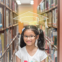 young smiling student in library with floating lit up drawing of a mortar board over her head