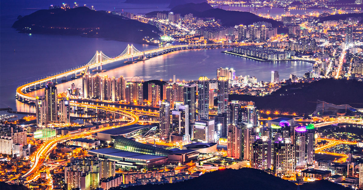 Busan Metropolitan City, South Korea at night.