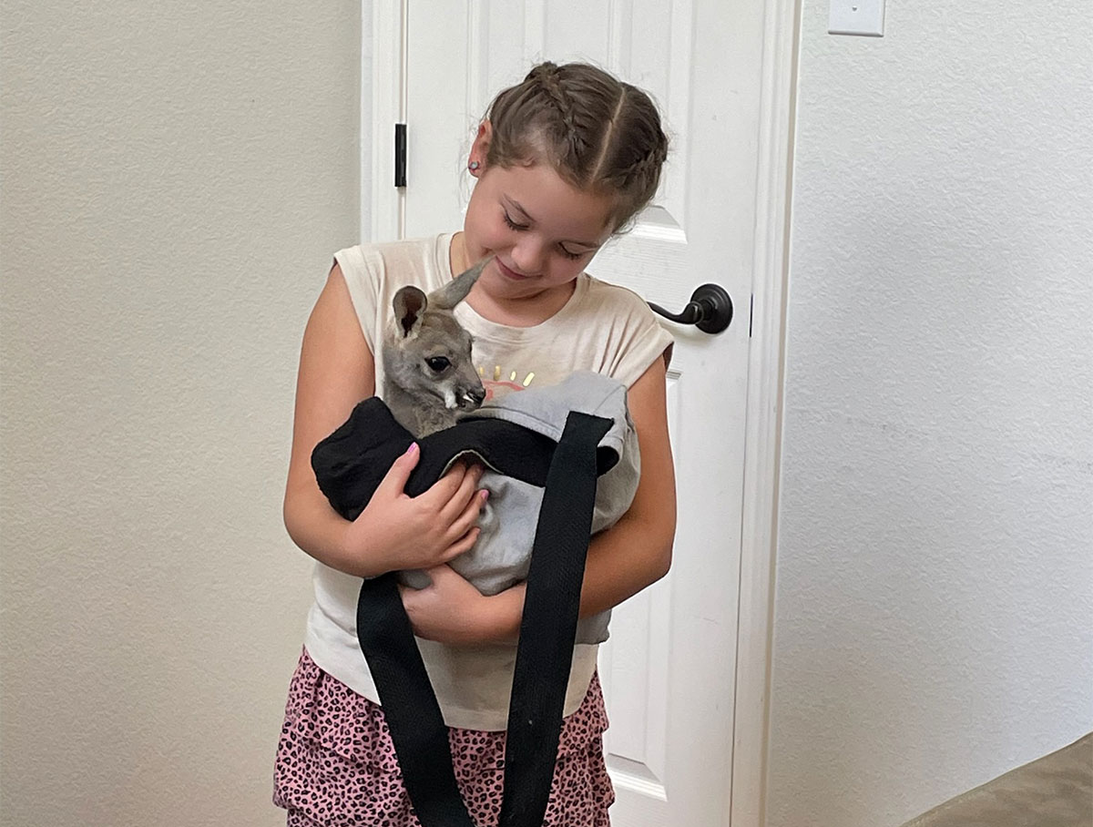 Sierra spends time with a baby Joey during an animal encounter.