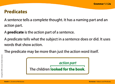Grammar card titled Predicates. A sentence tells a complete thought. It has a naming part and an action part. A predicate is the action part of a sentence. A predicate tells what the subject in a sentence does or did. It uses words that show action. The predicate may be more than just the action word itself. Example sentence: The children looked for the book; the predicate is looked for the book.