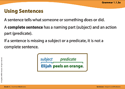 Grammar card titled Using Sentences. A sentence tells what someone or something does or did. A complete sentence has a naming part (subject) and an action part (predicate). If a sentence is missing a subject or a predicate, it is not a complete sentence. Example sentence: Elijah peels an orange; the subject is Elijah and the predicate is peels an orange.