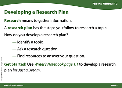 Personal Narrative card titled Developing a Research Plan. Research means to gather information. A research plan has the steps you follow to research a topic. How do you develop a research plan? Identify a topic. Ask a research question. Find resources to answer your question. Get Started! Use Writer's Notebook page 1.1 to develop a research plan for Just a Dream.