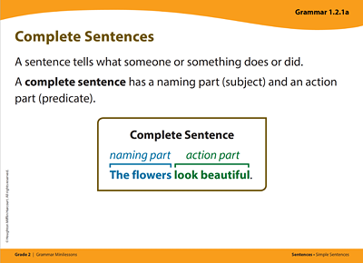 Grammar card titled Complete Sentences. A sentence tells what someone or something does or did. A complete sentence has a naming part (subject) and an action part (predicate) Example: The flowers look beautiful. In this sentence, the naming part is The flowers and the action part is look beautiful.