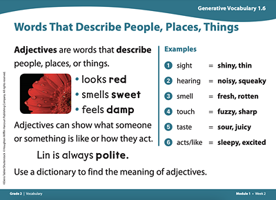 Vocabulary card titled Words That Describe People, Places, Things. Adjectives are words that describe people, places, or things. Beside a photo of a red flower with drops of water on it are the following: looks red, smells sweet, feels damp. Adjectives can show what someone or something is like or how they act. Lin is always polite. Use a dictionary to find the meaning of adjectives. Examples: sight: shiny, thin; hearing: noisy, squeaky; smell: fresh, rotten; touch: fuzzy, sharp; taste: sour, juicy; acts or like: sleepy, excited.