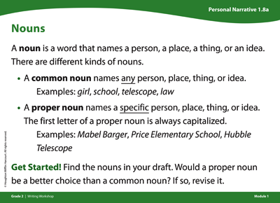 Personal Narrative card titled Nouns. A noun is a word that names a person, a place, a thing, or an idea. There are different kinds of nouns. A common noun names ANY person, place, thing, or idea. Examples: girl, school, telescope, law. A proper noun names a SPECIFIC person place, thing, or idea. The first letter of a proper noun is always capitalized. Examples: Mabel Barger, Price Elementary School, Hubble Telescope. Get Started! Find the nouns in your draft. Would a proper noun be a better choice than a common noun? If so, revise it.