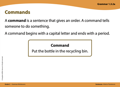 Grammar card titled Commands. A command is a sentence that gives an order. A command tells someone to do something. A command begins with a capital letter and ends with a period. Command example: Put the bottle in the recycling bin.