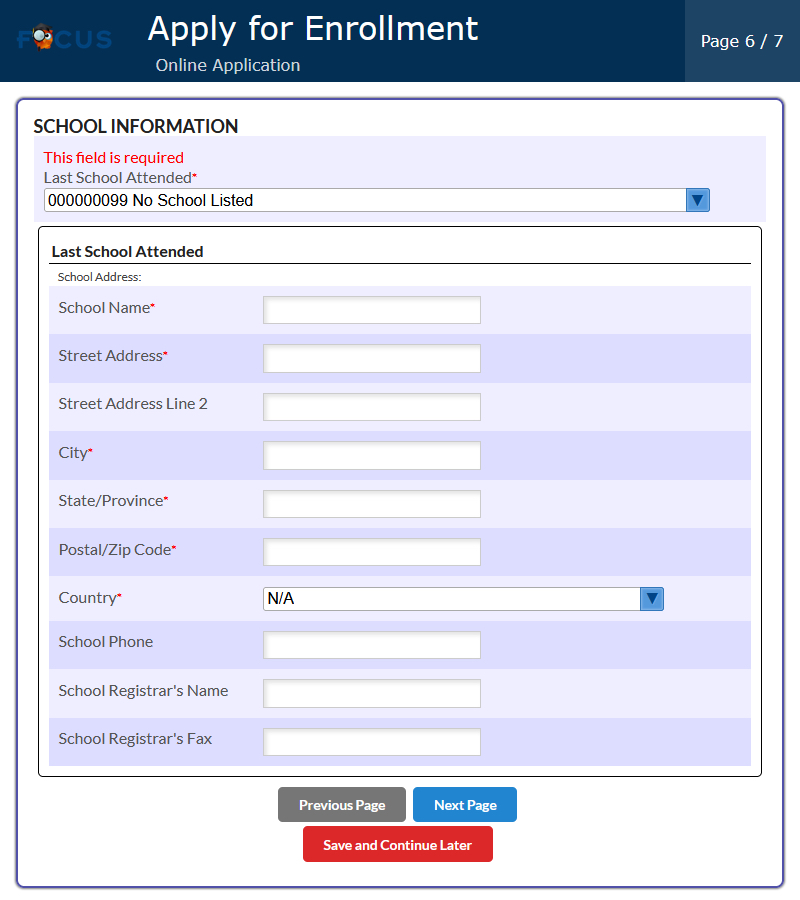 Apply for Enrollment, Page 6, School Information